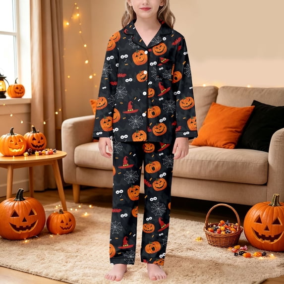 RUTAYY Girls Pajama Set Halloween Theme Pumpkin Witch Hat Web Bat Eyeball Graphic Button Down Sleepwear Home Outfit for Kids Black