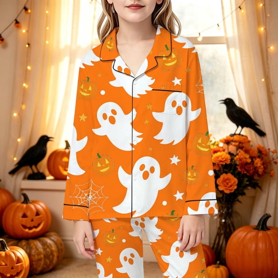 RUTAYY Girls Pajama Set Lapel Long Sleeve Top and Long Pants Halloween Ghost Pumpkin Web Star Graphic Comfortable Nightwear Orange