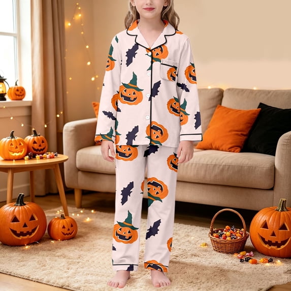 RUTAYY Girls Pajama Set Long Sleeve Button Down Top and Long Pants Halloween Pumpkin Witch Hat Bat Graphic Sleep Outfit Orange