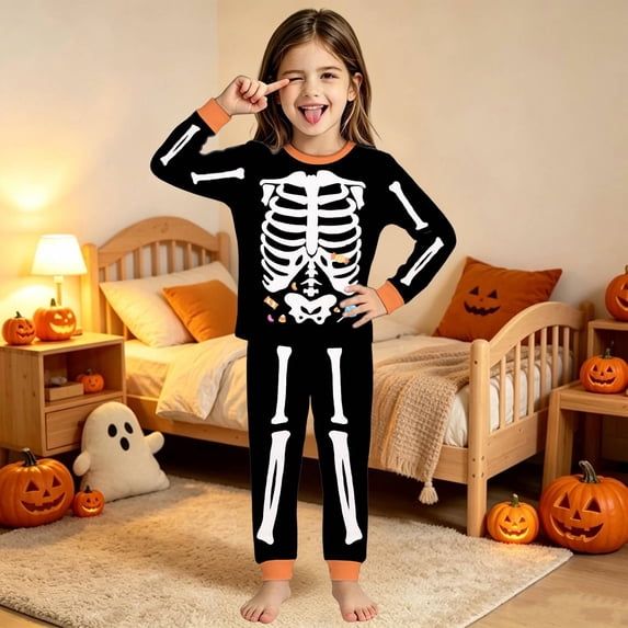 RUTAYY Girls Pajama Set Long Sleeve Top and Pants Halloween Skeleton Candy Graphic Comfortable Nightwear Black