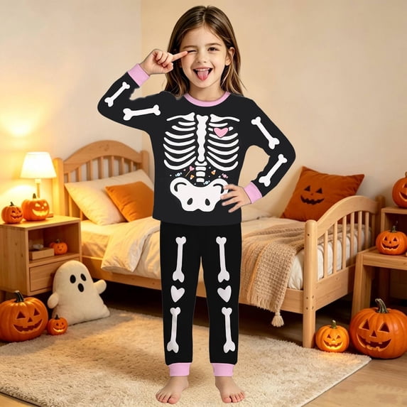RUTAYY Girls Pajama Set Long Sleeve Top and Pants Halloween Skeleton Heart Candy Graphic Comfortable Nightwear Black