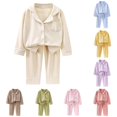 thumbnail image 1 of RUTAYY Girls Pajama Set Long Sleeve Turndown Collar Long Pants Solid Color Vertical Rib Contrast Piping Button Front Pocket Kids Sleep Outfit Beige, 1 of 3
