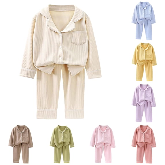 RUTAYY Girls Pajama Set Long Sleeve Turndown Collar Long Pants Solid Color Vertical Rib Contrast Piping Button Front Pocket Kids Sleep Outfit Beige