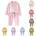 thumbnail image 1 of RUTAYY Girls Pajama Set Long Sleeve Turndown Collar Long Pants Solid Color Vertical Rib Contrast Piping Button Front Pocket Kids Sleep Outfit Light Pink, 1 of 3