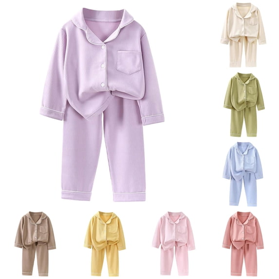 RUTAYY Girls Pajama Set Long Sleeve Turndown Collar Long Pants Solid Color Vertical Rib Contrast Piping Button Front Pocket Kids Sleep Outfit Light Purple