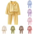 thumbnail image 1 of RUTAYY Girls Pajama Set Long Sleeve Turndown Collar Long Pants Solid Color Vertical Rib Contrast Piping Button Front Pocket Kids Sleep Outfit Yellow, 1 of 3
