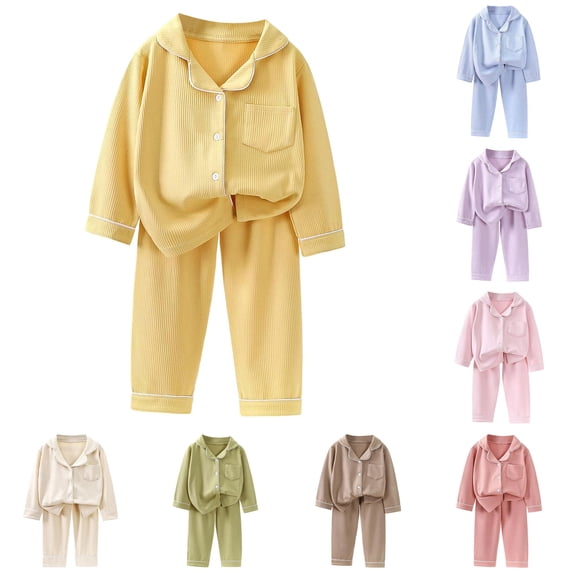 RUTAYY Girls Pajama Set Long Sleeve Turndown Collar Long Pants Solid Color Vertical Rib Contrast Piping Button Front Pocket Kids Sleep Outfit Yellow