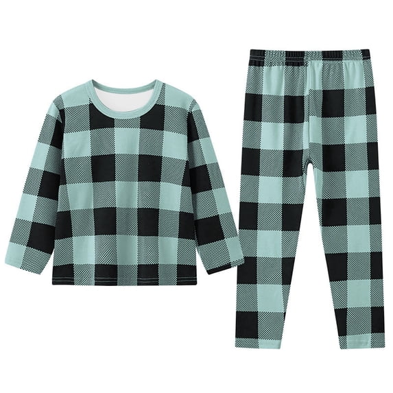 RUTAYY Girls Pajama Set Plaid Print Long Sleeve 2 Piece Set Crew Neck Resting Loungewear, Light Green