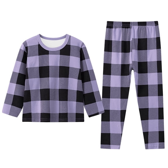 RUTAYY Girls Pajama Set Plaid Print Long Sleeve 2 Piece Set Crew Neck Resting Loungewear, Light Purple
