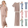 thumbnail image 1 of RUTAYY Girls Pajama Set Short Sleeve Crew Neck Long Pants Solid Color Loose Wide Leg 2 Piece Kids Sleep Outfit Khaki, 1 of 6