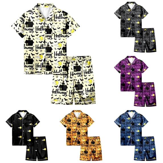 RUTAYY Girls Pajama Set Short Sleeve Top and Shorts Halloween Bat Moon Graphic Comfortable Nightwear Light Yellow