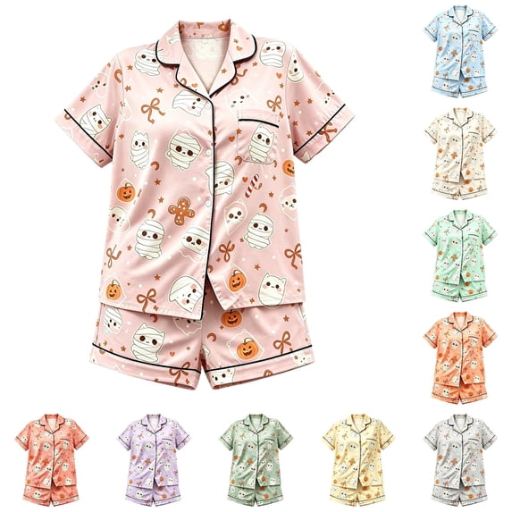 RUTAYY Girls Pajama Set Short Sleeve Top and Shorts Halloween Ghost Cat Pumpkin Graphic Comfortable Nightwear Pink