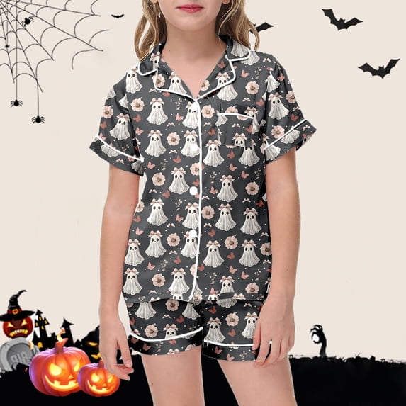 RUTAYY Girls Pajama Set Short Sleeve Top and Shorts Halloween Ghost Flower Graphic Comfortable Nightwear Grey