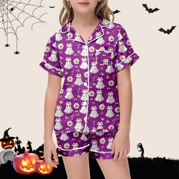 RUTAYY Girls Pajama Set Short Sleeve Top and Shorts Halloween Ghost Flower Graphic Comfortable Nightwear Purple
