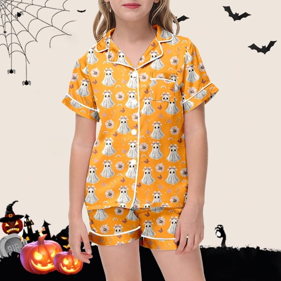 RUTAYY Girls Pajama Set Short Sleeve Top and Shorts Halloween Ghost Flower Graphic Comfortable Nightwear Yellow