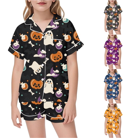 RUTAYY Girls Pajama Set Short Sleeve Turndown Collar Shorts Halloween Pumpkin Ghost Bat Print Button Front with Pocket Kids Sleep Outfit Black