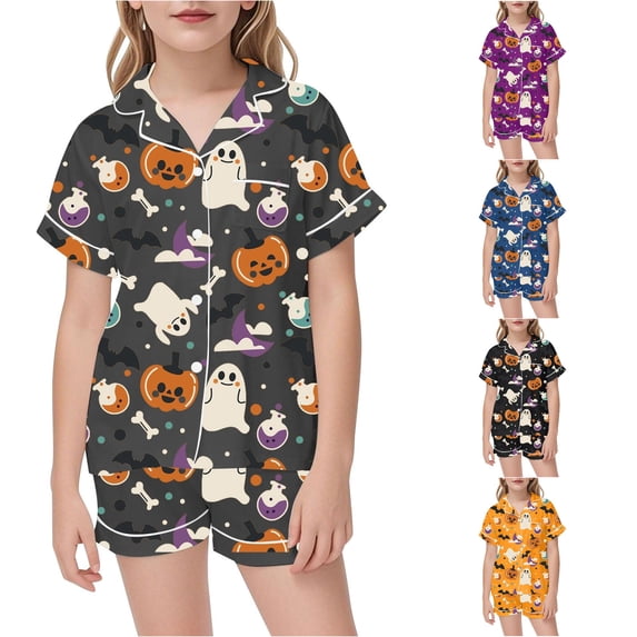 RUTAYY Girls Pajama Set Short Sleeve Turndown Collar Shorts Halloween Pumpkin Ghost Bat Print Button Front with Pocket Kids Sleep Outfit Dark Gray