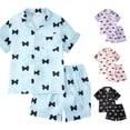 thumbnail image 1 of RUTAYY Girls Pajama Set Short Sleeve Turndown Collar Shorts Sweet Bow Pattern Casual Home Outfit Blue, 1 of 3