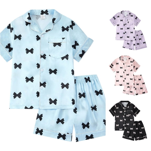 RUTAYY Girls Pajama Set Short Sleeve Turndown Collar Shorts Sweet Bow Pattern Casual Home Outfit Blue