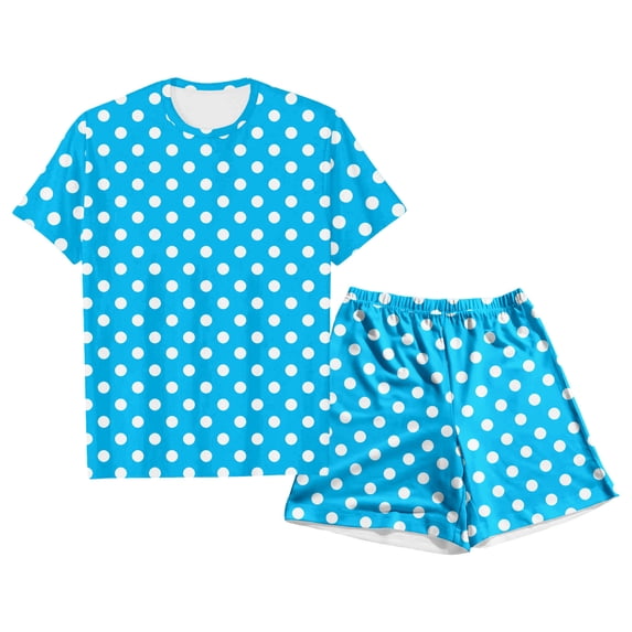 RUTAYY Girls Pajama Set Simple Polka Dot Graphic Short Sleeve 2 Piece Outfit Children Casual Sleep Wear, Blue