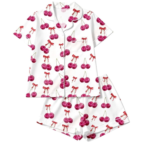 RUTAYY Girls Pajama Set Sweet Cherry Bow Graphic 2 Piece Sleep Set Short Sleeve Notch Neck Kids Nighttime Casual Outfit White