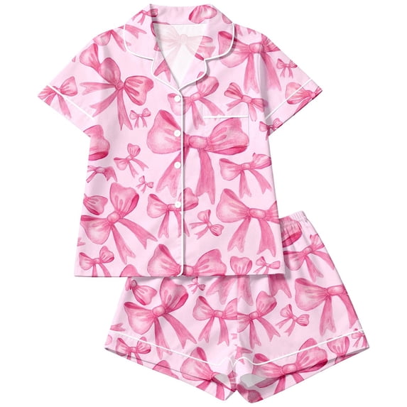 RUTAYY Girls Pajama Set Watercolor Bow Graphic Button Down Lapel Collar 2 Piece Sleepwear Home Sleep Outfit Pink