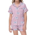 thumbnail image 1 of RUTAYY Girls Pajama Set cute Bow Graphic 2 Piece Button Down Top and Shorts Notch Neck Short Sleeve Kids Relaxed Night Outfit Light Purple, 1 of 4