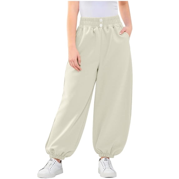 RUTAYY Girls Pants Solid Color Casual Button Soft Elastic Waistband Comfortable Daily Wear Stretch Knit Slacks Classic Versatile Trousers