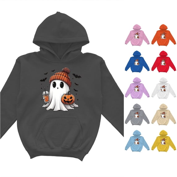 RUTAYY Girls Pullover Hoodie Halloween Cartoon Graphic Long Sleeve Casual Fall Sweatshirt with Front Pocket for Kids Black