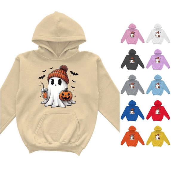 RUTAYY Girls Pullover Hoodie Halloween Cartoon Graphic Long Sleeve Casual Fall Sweatshirt with Front Pocket for Kids Khaki