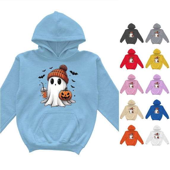 RUTAYY Girls Pullover Hoodie Halloween Cartoon Graphic Long Sleeve Casual Fall Sweatshirt with Front Pocket for Kids Light Blue