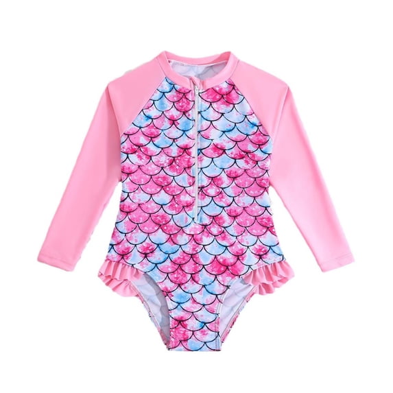 RUTAYY Girls Rash Guard Swimsuits Long Sleeve Ne Piece Swimsuit With Hat Beach Sport Bathing Suit, Red, 4-5 Years