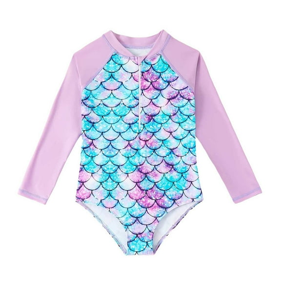 RUTAYY Girls Rash Guard Swimsuits Summer Long Sleeve Prints 1 Piece Swimwear Beach Swimsuit Bikini Sun Protection Swimwear, Light Purple, 3-4 Years