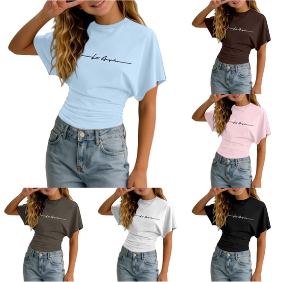 RUTAYY Girls Short Sleeve T-Shirt Crew Neck Letter Print Short Sleeve Casual Top Light Blue