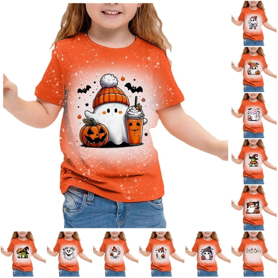RUTAYY Girls Short Sleeve T-Shirt Halloween Ghost Letter Print Graphic Crew Neck Casual Top White