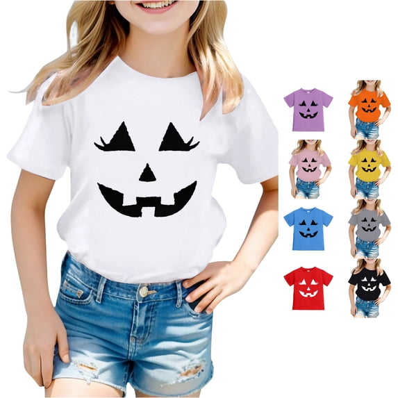 RUTAYY Girls Short Sleeve T-Shirt Halloween Pumpkin Face Graphic Crew Neck Casual Top White