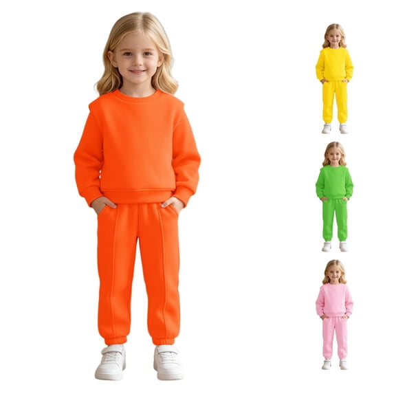 RUTAYY Girls Solid Color 2 Piece Outfit Crew Neck Long Sleeve Sweatshirt Vertical Seam Jogger Pants Set Orange