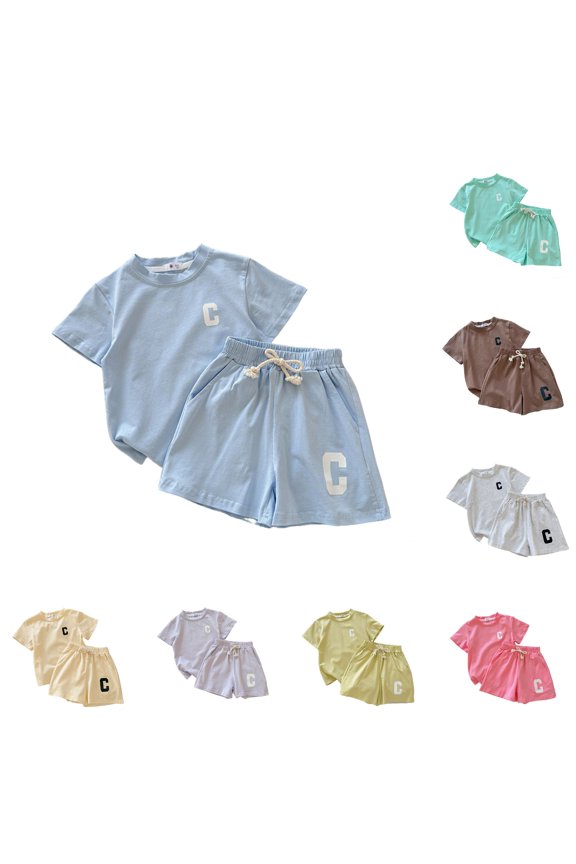 Girls Summer Outfits Letter Print Short Sleeve Crew Neck Tees and Shorts 2 Piece Casual Playwear Kids Clothing Sets Light Blue
