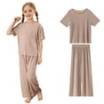 thumbnail image 1 of RUTAYY Girls Summer Outfits Sets Soft Ribbed Round Neck Short Sleeve Long Pants Set Casual Comfortable Loungewear Bohemian Style, Khaki, 18-24 Months, 1 of 6