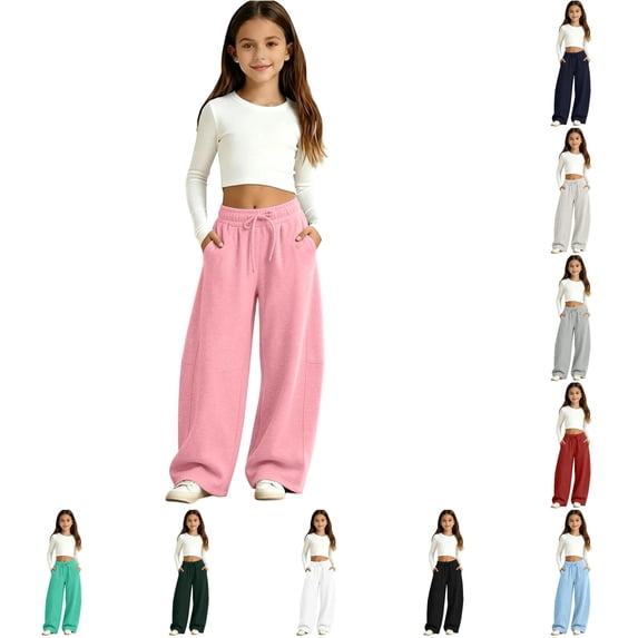 RUTAYY Girls Sweatpants Curved Leg Elastic Waist Drawstring Solid Color with Pockets Casual Baggy Trousers Pink