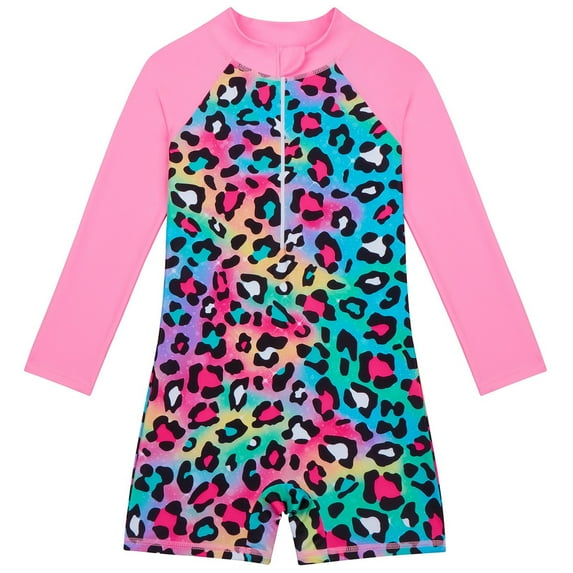 RUTAYY Girls Swimsuit Colorful Leopard Print Long Sleeve Bathing Suit Zipper Beach Rashguard Swimwear Pool Brazilian Beachwear, 7-8 Years