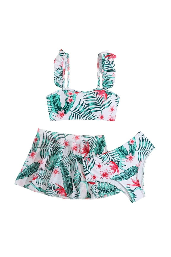 Girls Swimsuits Tropical Print Bathing Suit With Cover Up Skirts 3PCS Girl Swimwear Beach Vacation Hawaii Beachwear, 7-8 Years