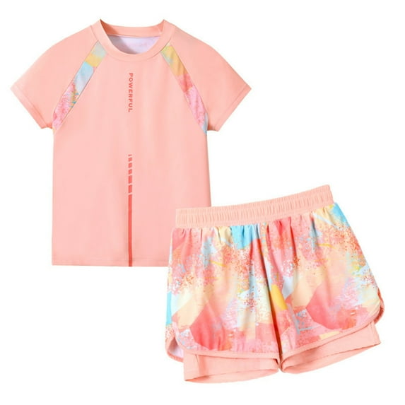 RUTAYY Girls Swimwear 2 Piece Swim Set Short Sleeve Swim Shirt Swim Trunks Rash Guard Bathing Suits Quick Dry, Pink, 15-16 Years