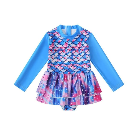 RUTAYY Girls Swimwear Fish Scale Print Zip Front Bikini Skirt Swimsuit Set With Tie Dye Design Long Sleeve Beach Wear Beach Bathing Suit, Blue, 7-8 Years