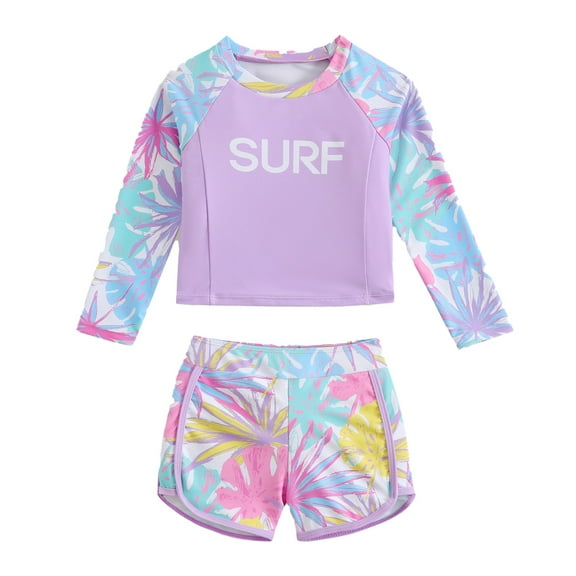 RUTAYY Girls Swimwear Long Sleeve 2PCS Bathing Suit With Leaf Print O-Neck Cute Conservative Swimsuits For Toddler Kids Summer Beach Pool Outdoor Activities Vacation Brazilian Beachwear, 6-7 Years