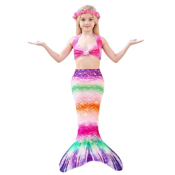 RUTAYY Girls Swimwear Summer Cool And Breathable Printed Three Piece Bikini Quick Dry, Hot Pink, 5-6 Years