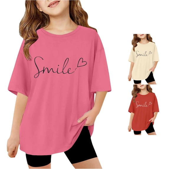 RUTAYY Girls T-Shirt Casual Crew Neck Short Sleeve Letter Print Loose Fit Daily Outdoor Wear Hot Pink