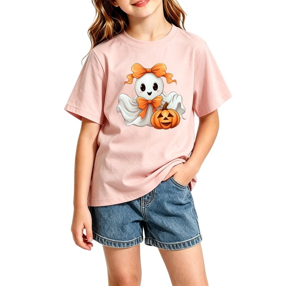 RUTAYY Girls T-Shirt Crew Neck Short Sleeve Halloween Bow Ghost Pumpkin Graphic Casual Tee Pink