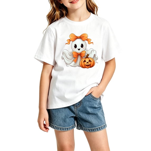 RUTAYY Girls T-Shirt Crew Neck Short Sleeve Halloween Bow Ghost Pumpkin Graphic Casual Tee White