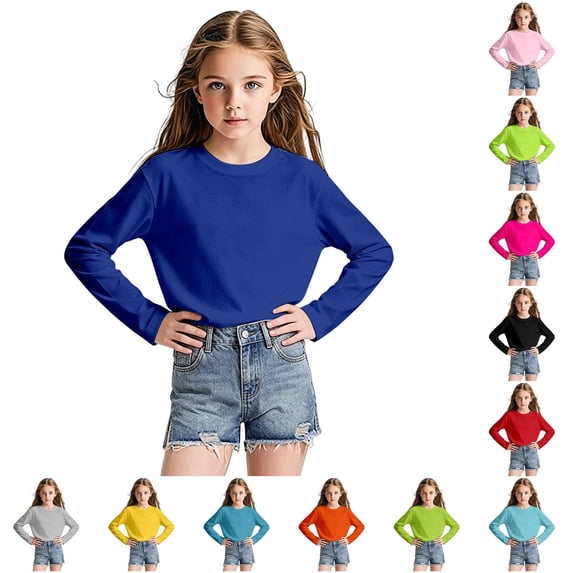 RUTAYY Girls T-Shirt Long Sleeve Solid Color Crew Neck Casual Layering Everyday Tees Dark Blue